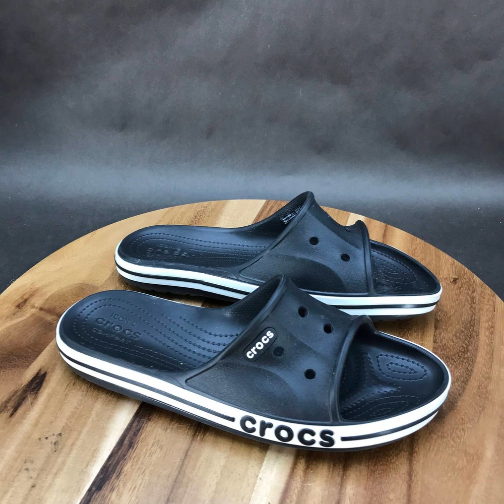 Crocs Bayaband Slides Womens Size 11 Black White Rubber Slip On Sandals